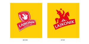 Stary i obecny znak marki Lajkonik na żółtych tłach. Lajkonik na koniu, kłosy zbóż.