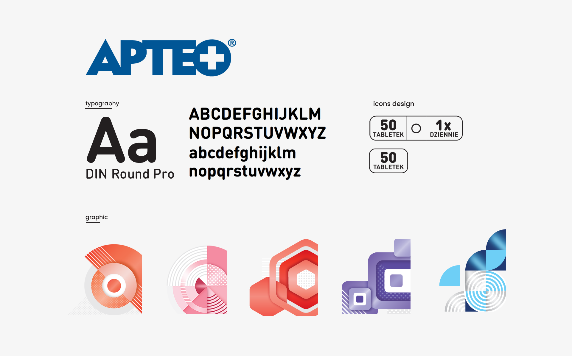 Nowy branding Apteo - przedstawione ikony i typografia