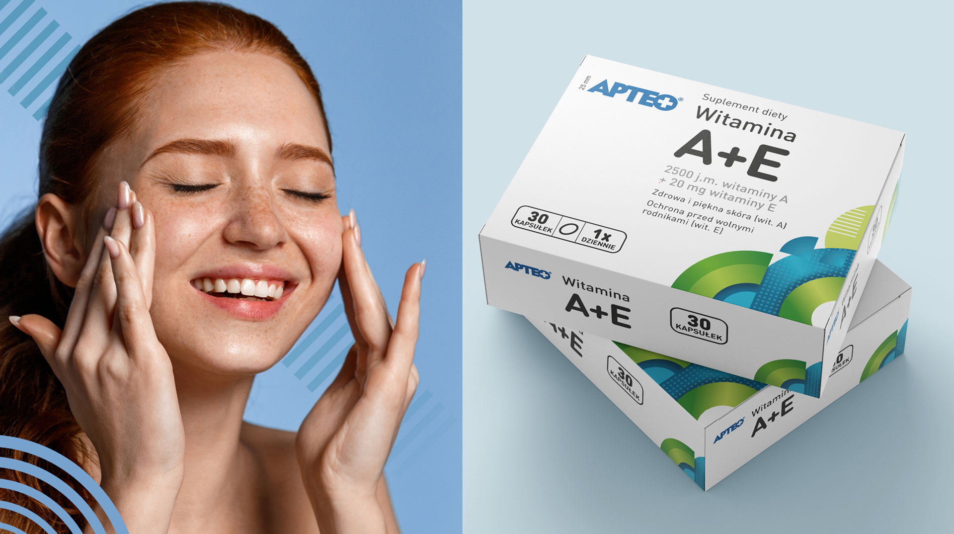Redesign opakowań Apteo -witamina A+ E i uśmiechnięta dziewczyna