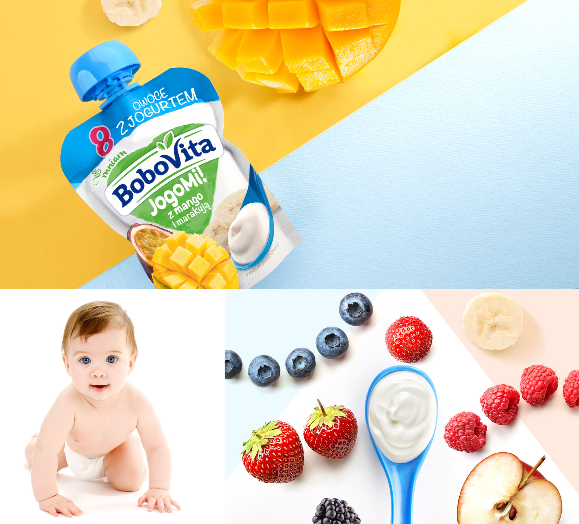 Projektowanie opakowań Bobovita JogoMi - owoce i jogurt dla dzieci.