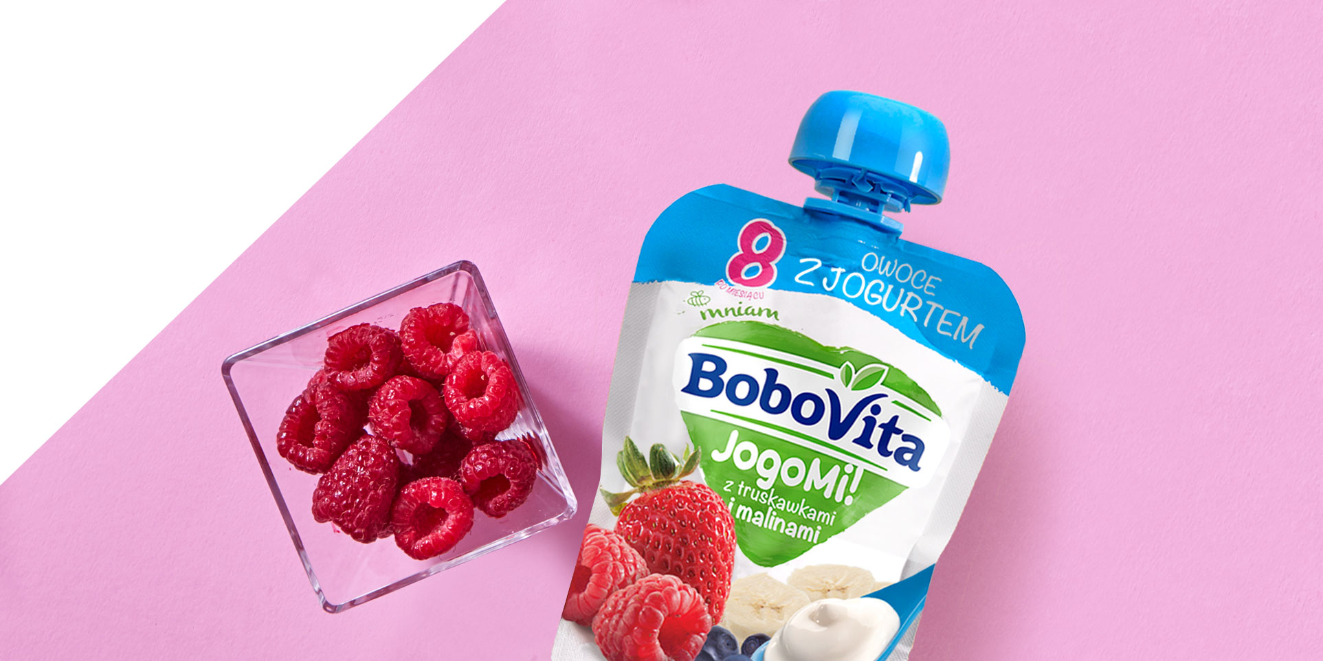 Projektowanie opakowań Bobovita JogoMi - jogurt z truskawkami i malinami.