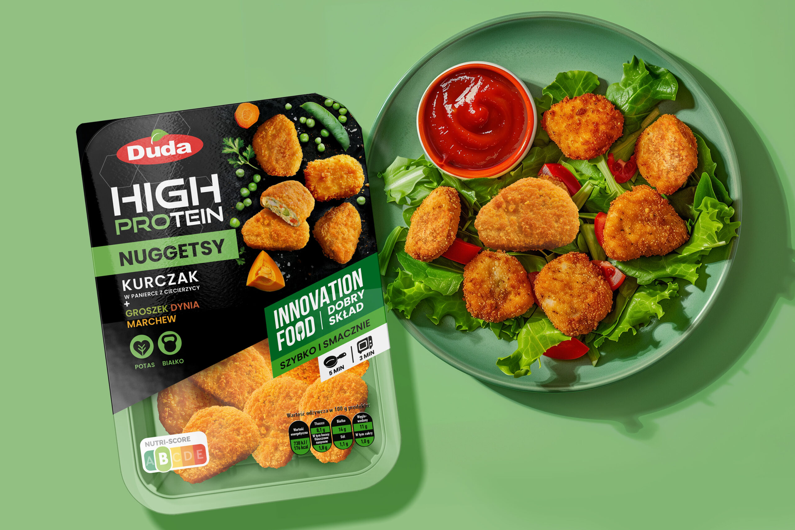 Design opakowań Duda High protein - opakowanie nuggetsy z kurczaka w nowej linii i wizualizacja dania z góry