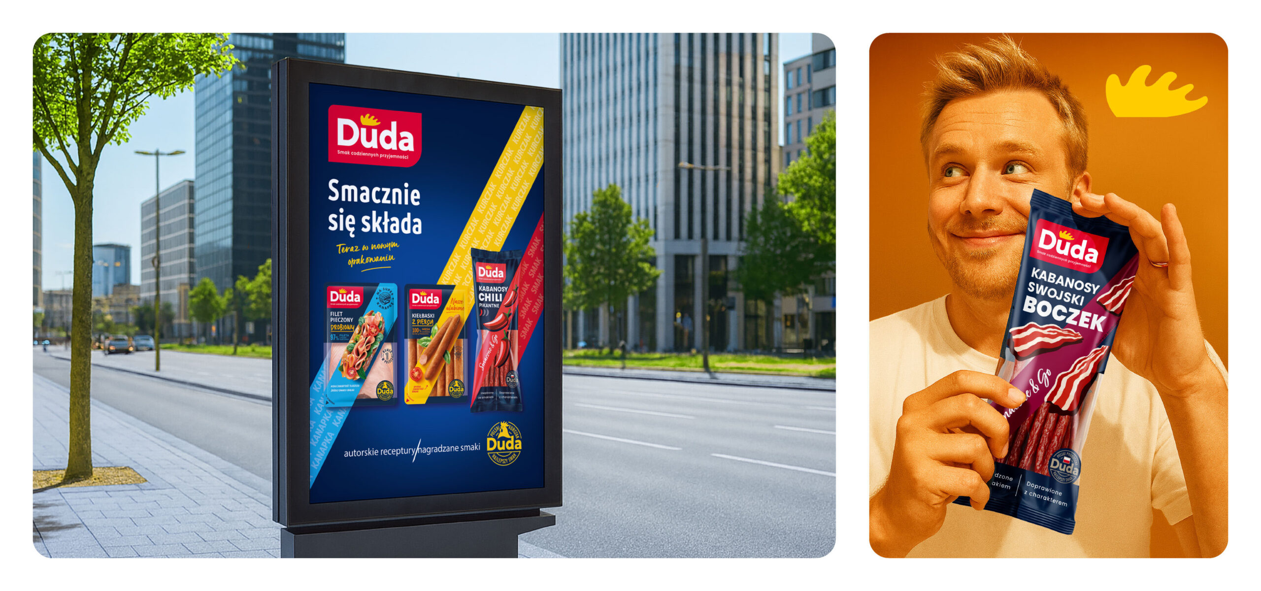 Rebranding marki Duda -citylight z Keyvisual nowej marki Duda uśmiechnięty mężczyzna z opakowaniem kabanosów Duda