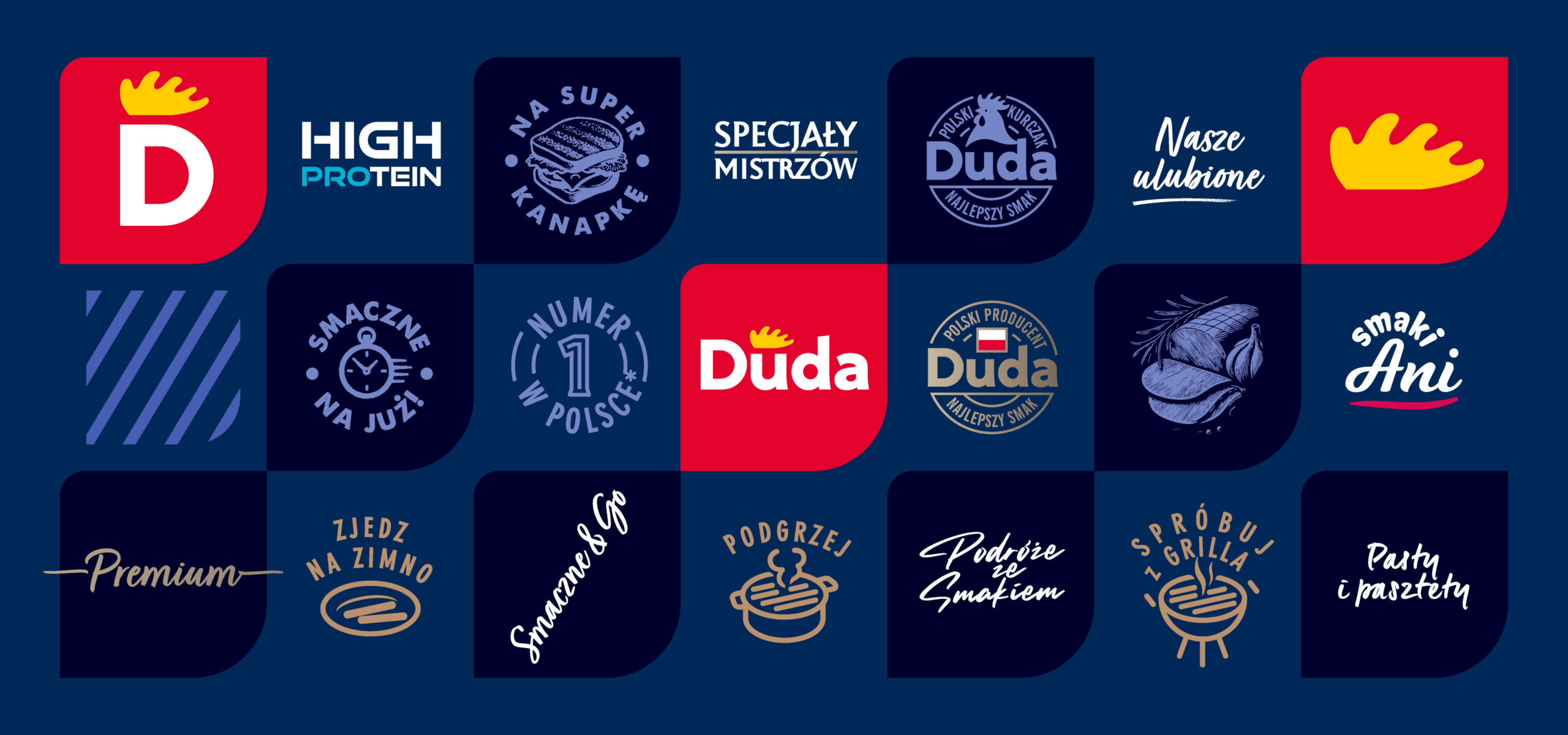 Rebranding marki Duda - ikony i znaki z nowych opakowań produktowych