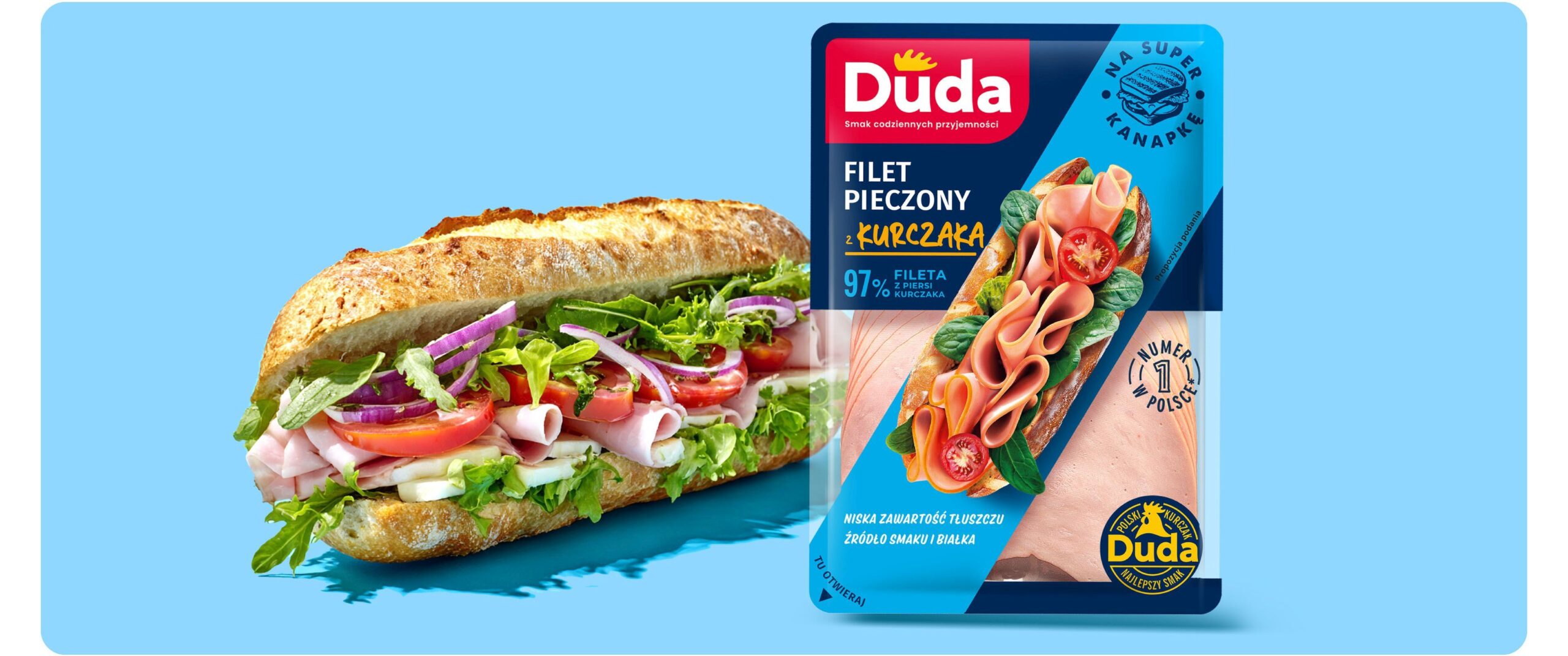 Rebranding marki Duda - nowe opakowanie z niebieskim pasem i kanapka z wędliną i warzywami