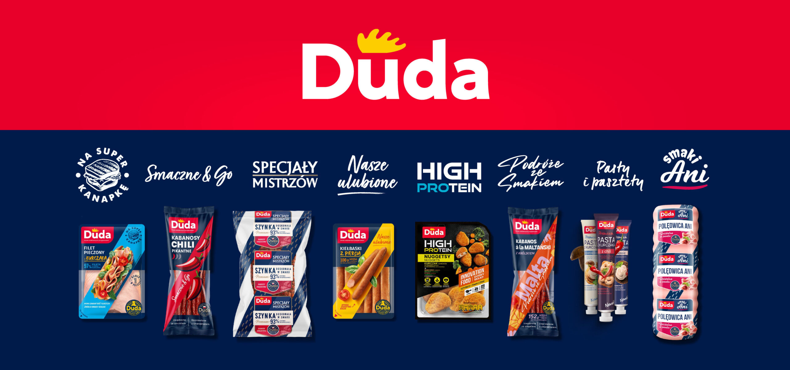 Rebranding marki Duda - nowe logo na czerwonym tle i opakowania wszystkich linii produktowych