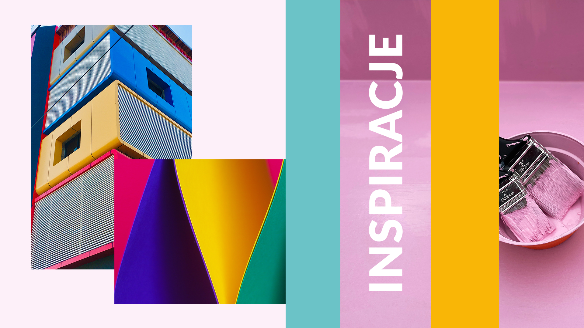 Dekoral - inspirations: a combination of vivid colors, modern artistic architecture, brushes dipped in paint, vertical and diagonal color stripes.