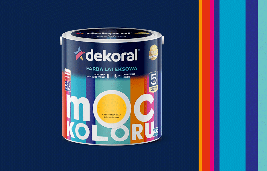 Nowy design opakowań Dekoral farby lateksowej o nazwie MOC Koloru.