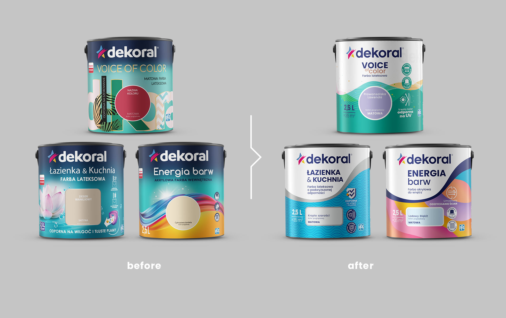 Dekoral - rebranding, wizualizacje farb PRZED i PO rebrandingu