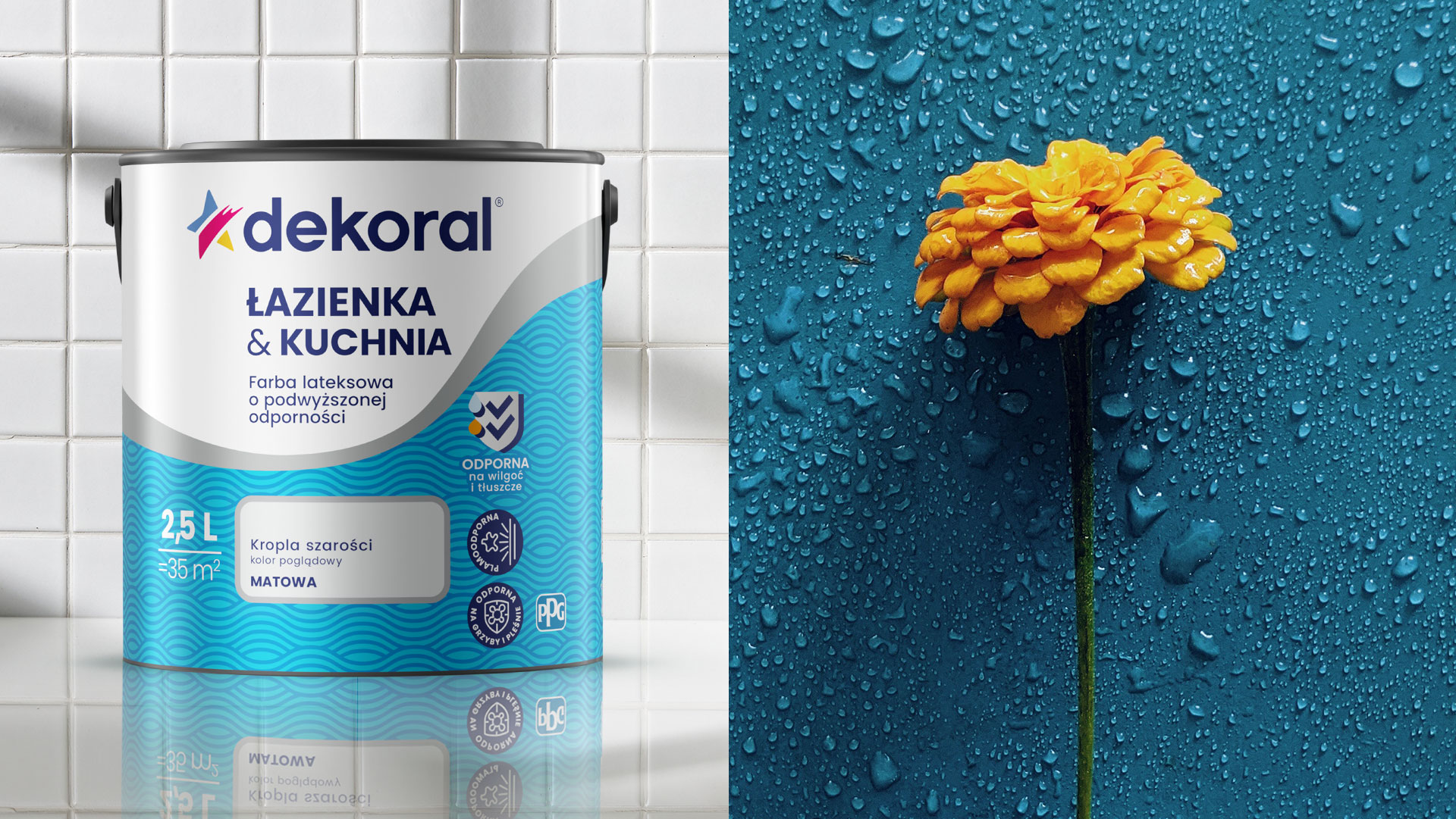 Dekoral rebranding - po lewo wizualizacja puszki Dekoral łazienka i kuchnia, po prawo zdjęcie żółtego kwiatka na niebieskim tle