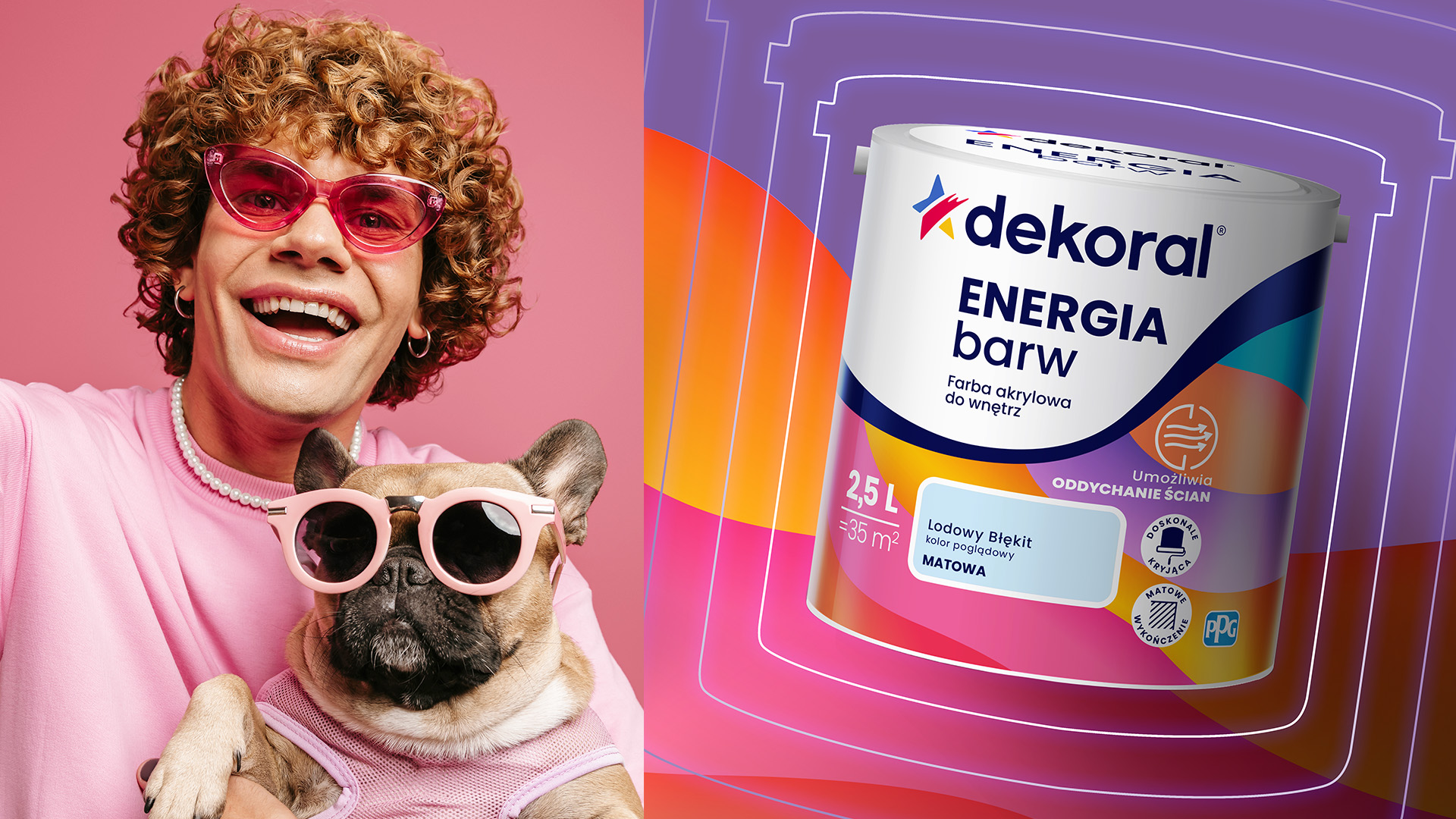 Dekoral rebranding - po prawo wizualizacja puszki Dekoral energia barw, po lewo zdjęcie uśmiechniętego mężczyzny w różowych okularach z psem w okularach na rękach