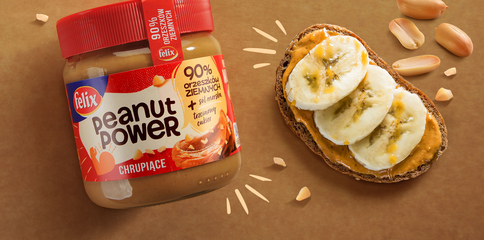 Design opakowań masła orzechowego Peanut Power i świat marki Felix - kanapka z bananem posmarowana masłem orzechowym.