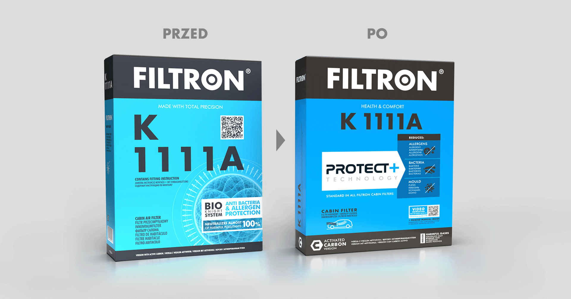 Filtron redesign - comparison of packaging design before and after.
