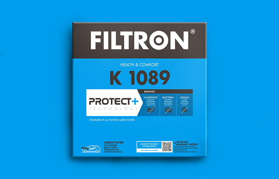 Projekt nowego opakowania filtrów kabinowych marki Filtron na niebieskim tle.