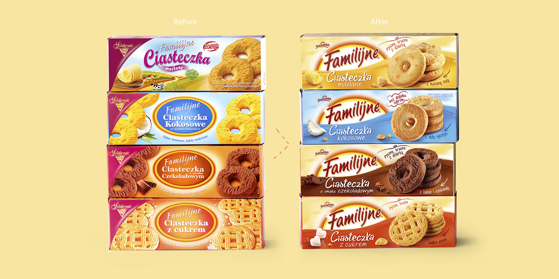 Rebranding marki Familijne - nowy design opakowań ciastek.