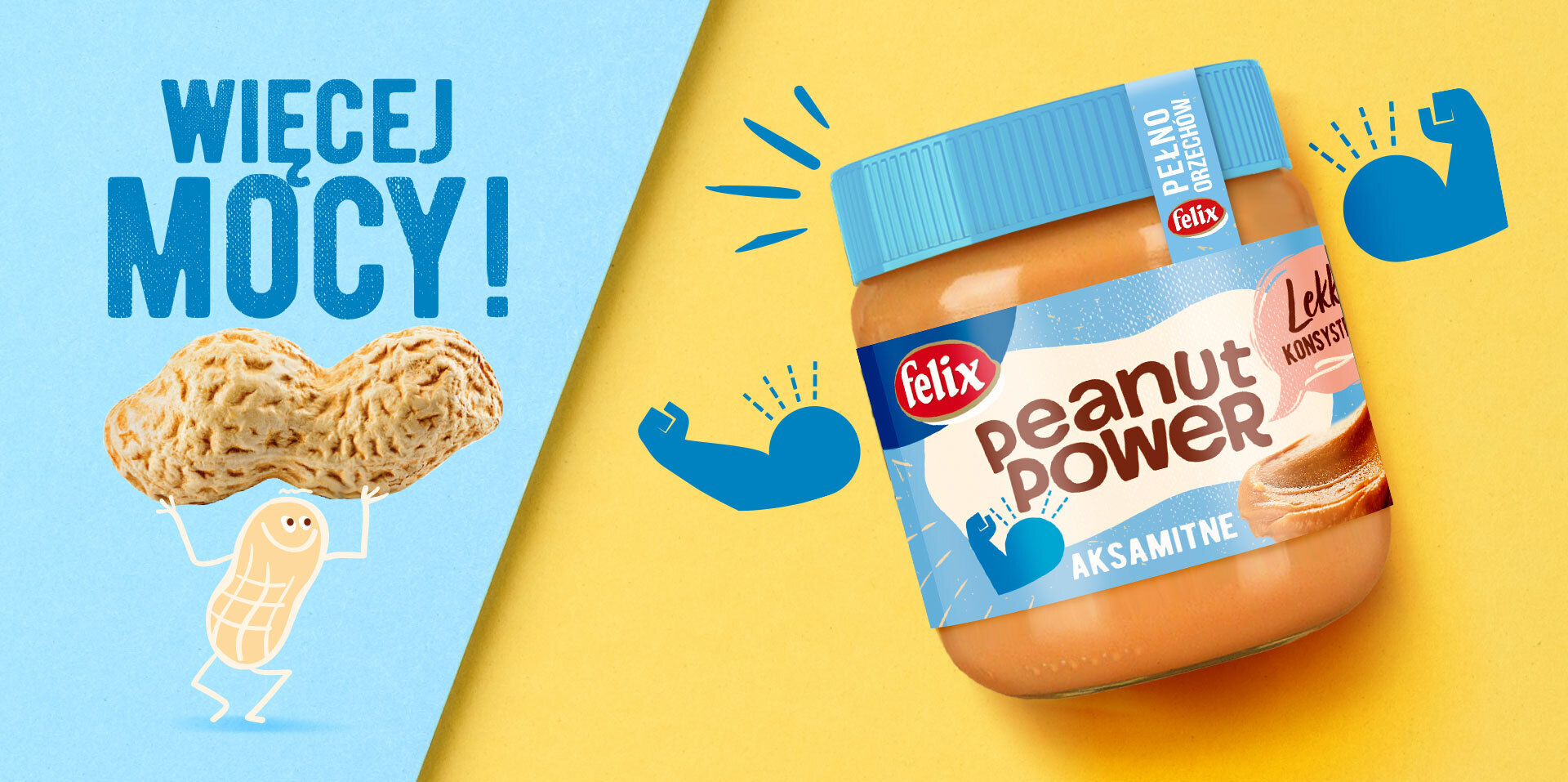 Packaging design peanut butter - PEANUT POWER by Felix, and an illustration of a peanut with arms and legs, claim 