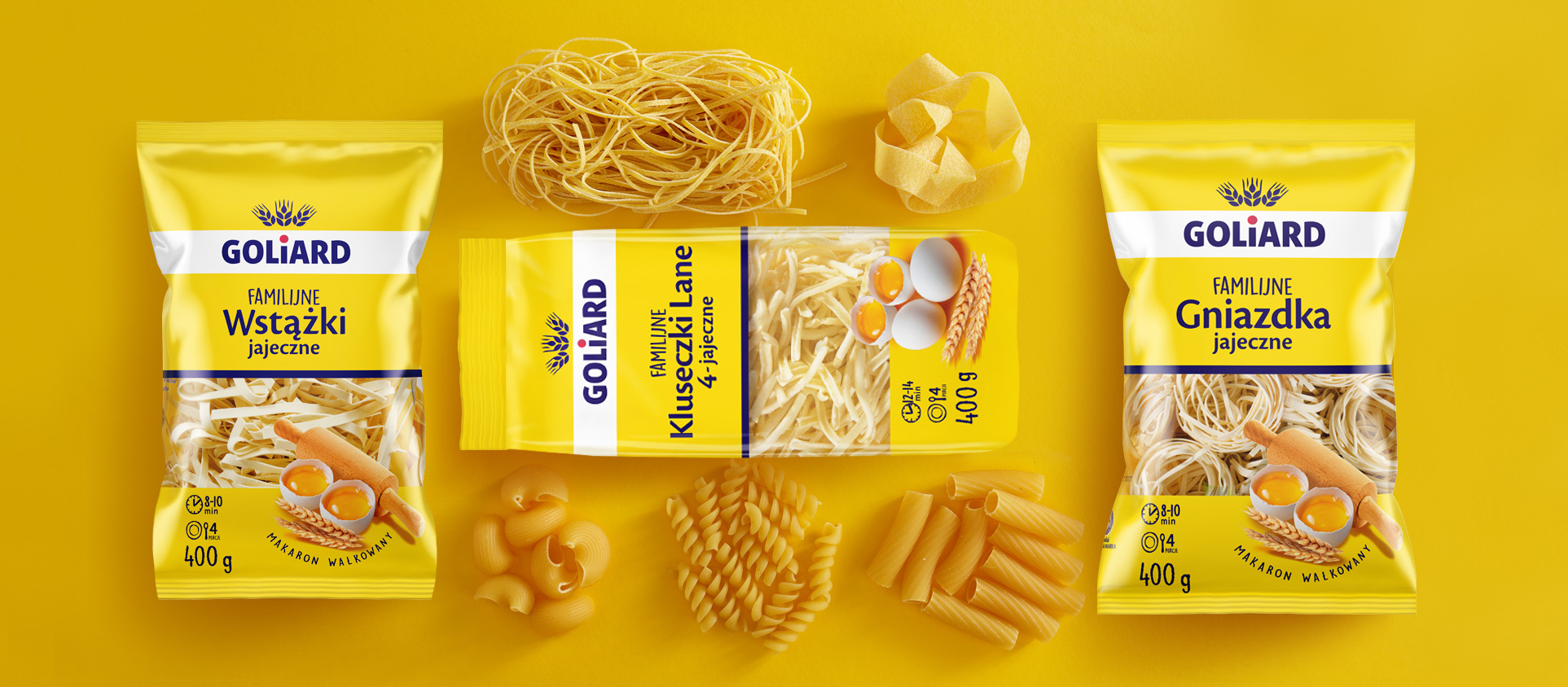 Pasta packaging design for Goliard - line of egg pasta.