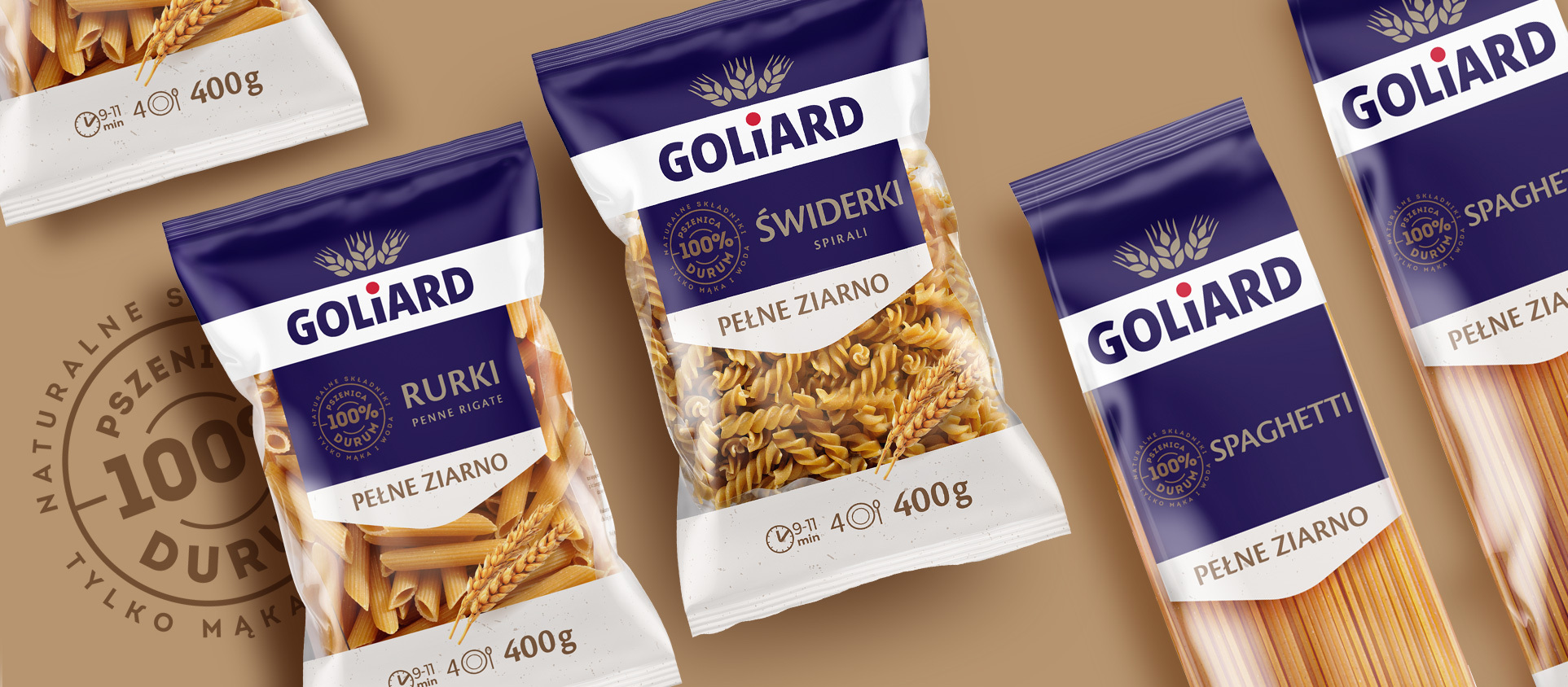 Pasta packaging design for Goliard - wholemeal.