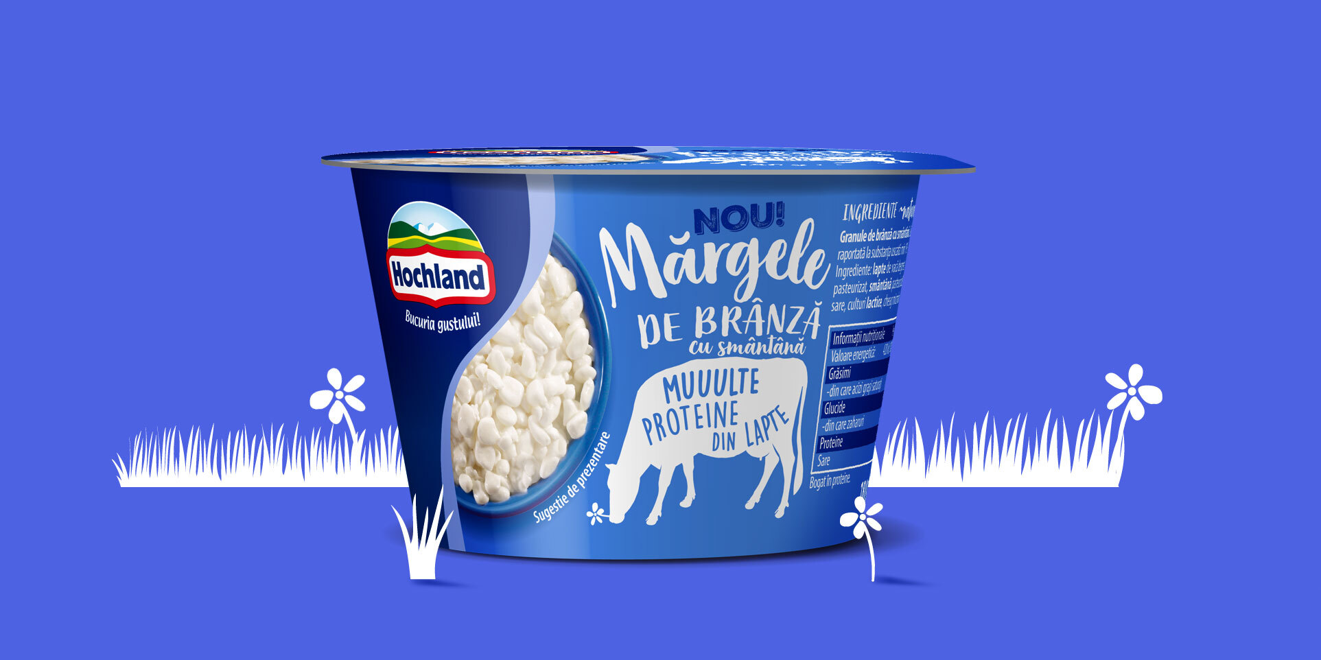 Cottage cheese packaging design for Hochland Margele de Branza line and brand's illustrations - grass with flowers.
