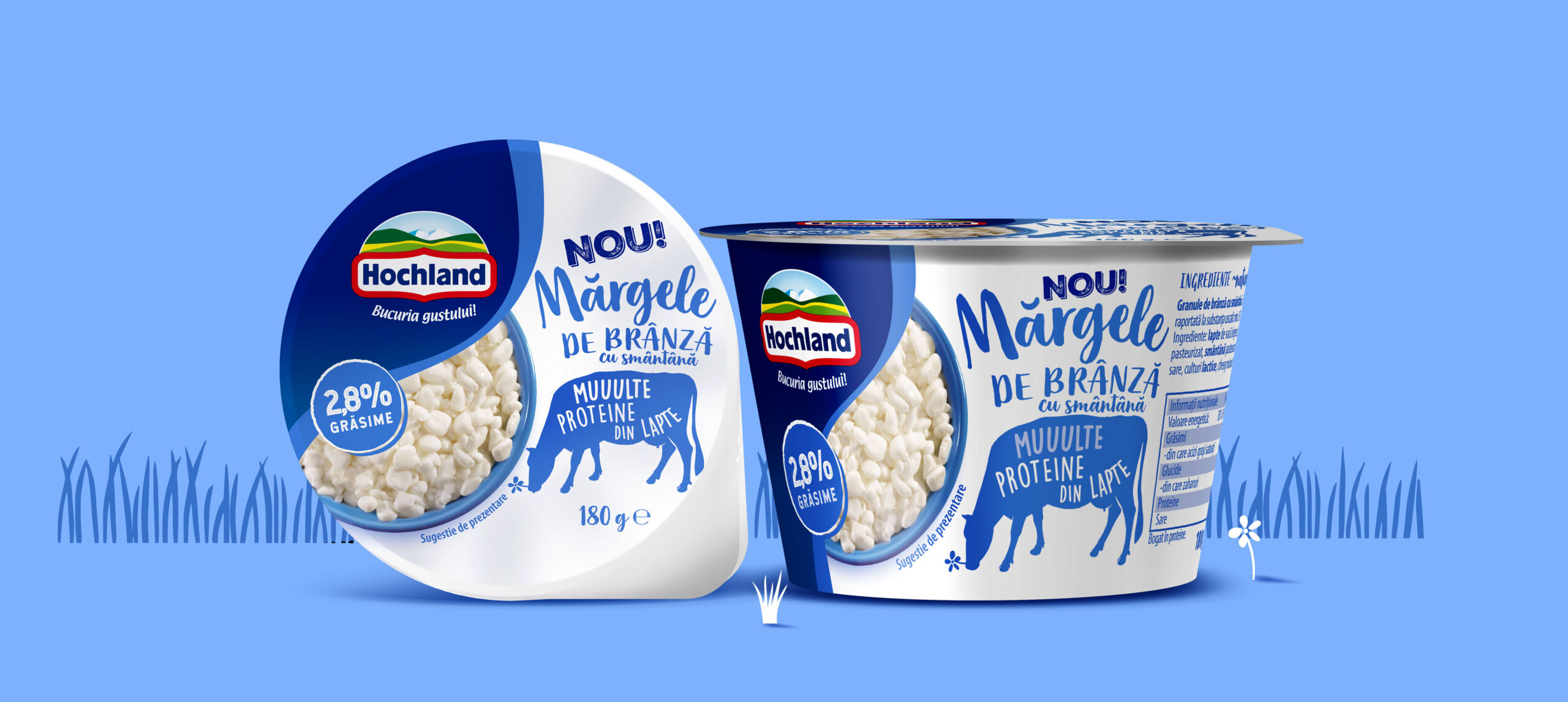 Cottage cheese packaging design for Hochland Margele de Branza line - 2,8% fat.