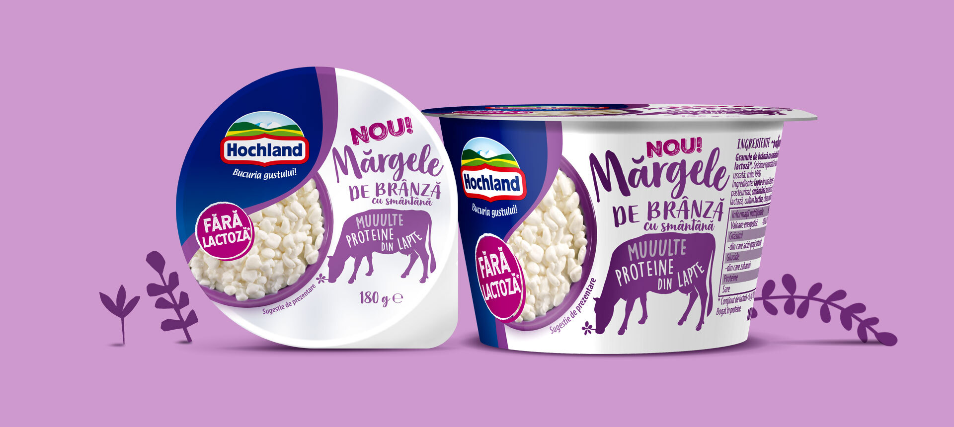 Cottage cheese packaging design for Hochland Margele de Branza line - variant flavour without lactose.