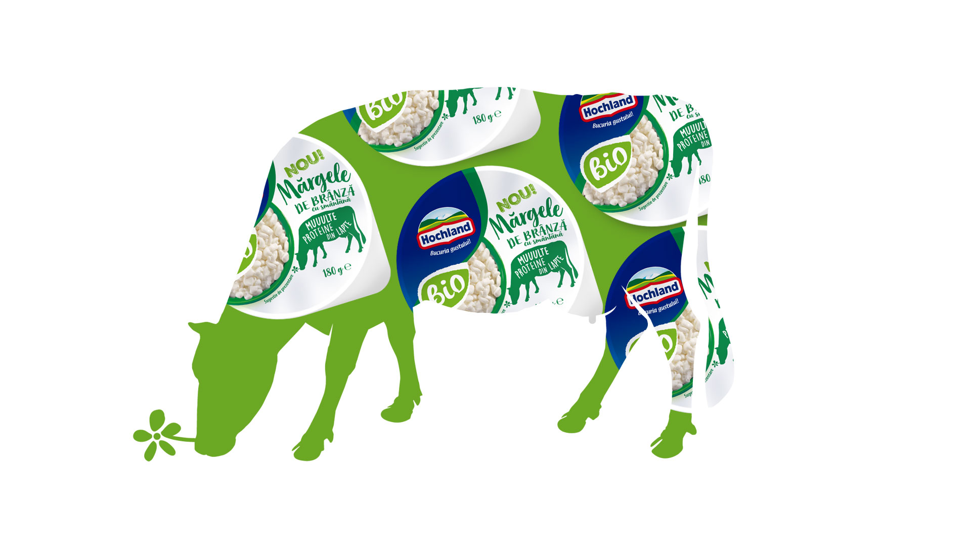 Świat marki Hochland Mărgele de brânză - ilustracja krowy składająca się z fragmentów opakowań serów.
