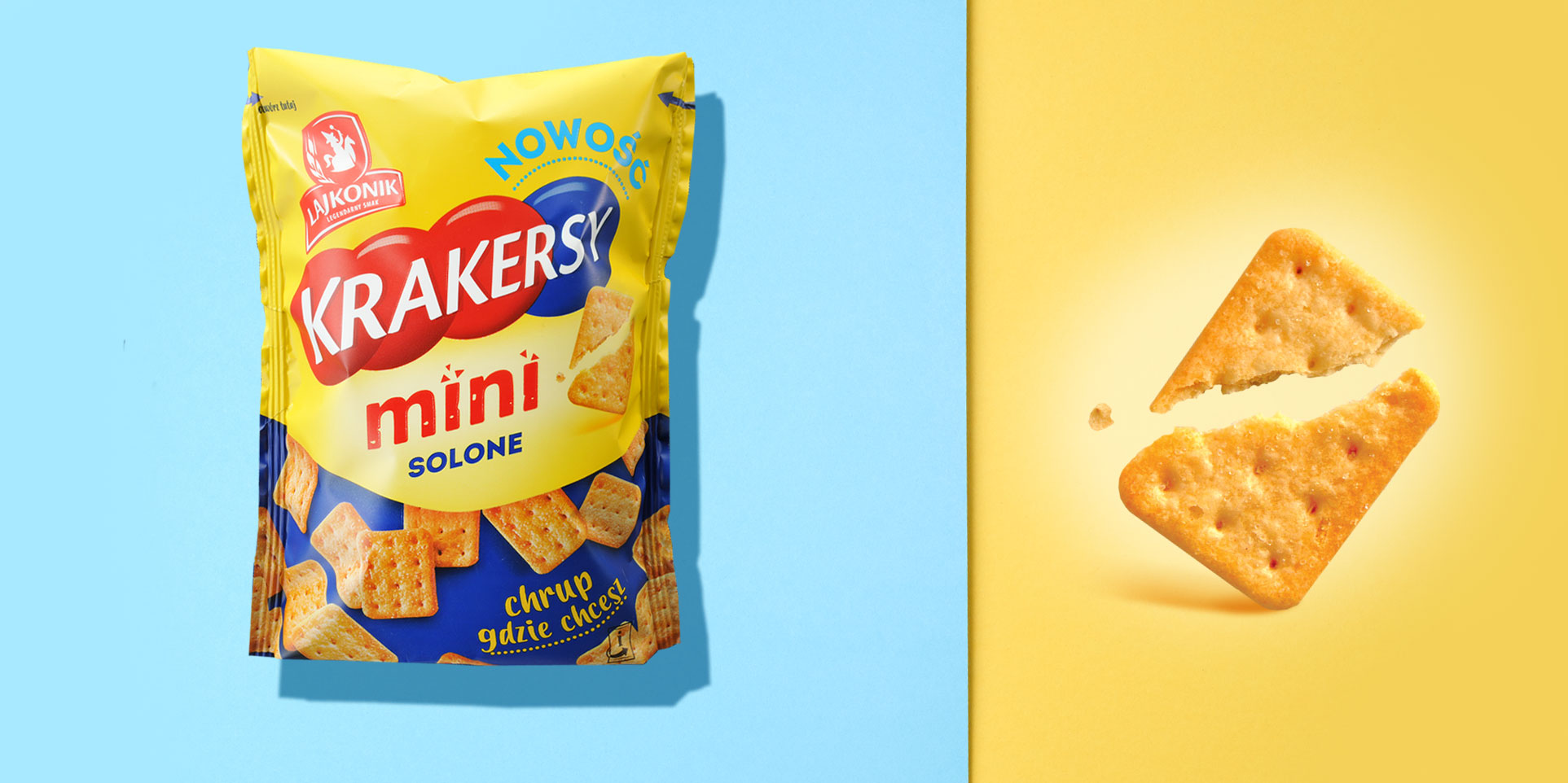 Lajkonik Mini-Crackers packaging design - salty product and a broken cracker.