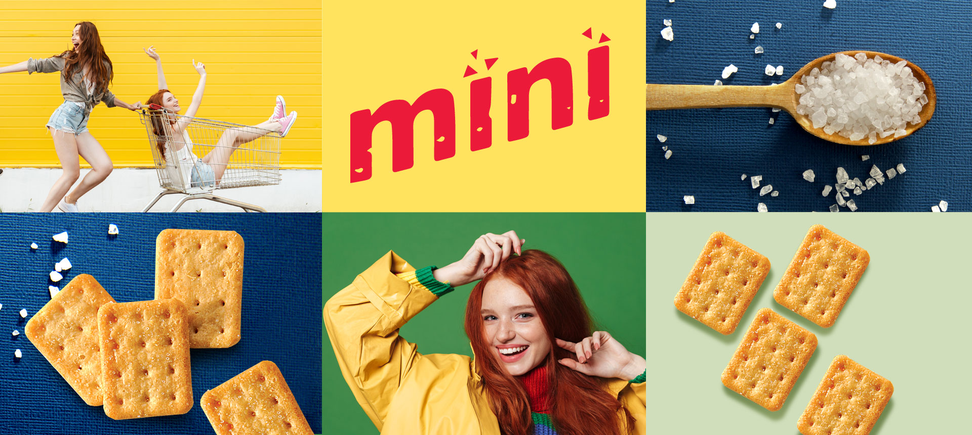 Lajkonik Mini-Crackers brand world - redhead girls having fun, salt, word mini.