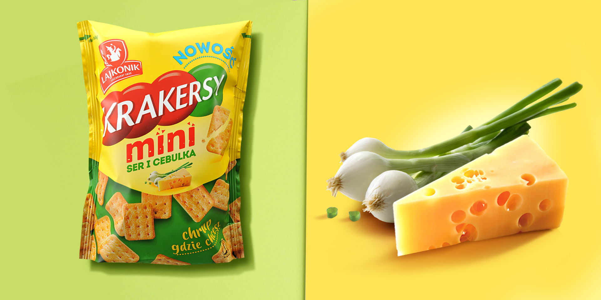 Lajkonik Mini-Crackers packaging design - packaging and a photo of spring onion with cheese.