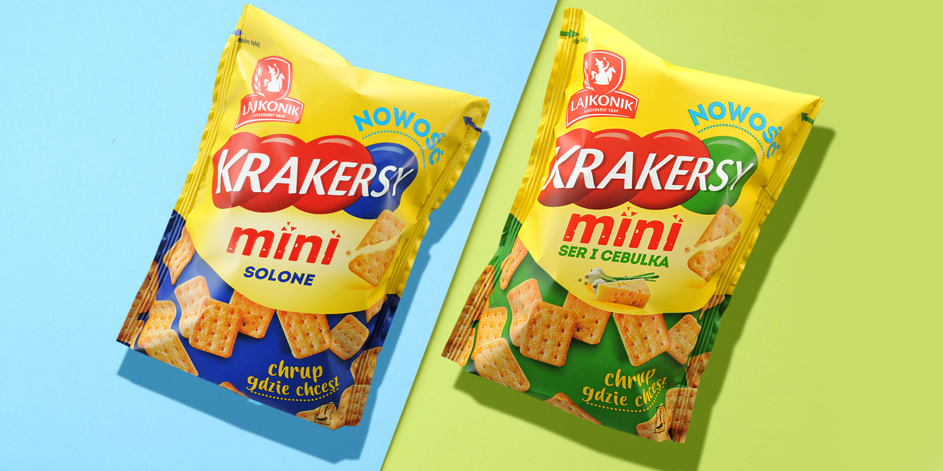 Lajkonik Mini-Crackers packaging design - salty and spring onion with cheese.