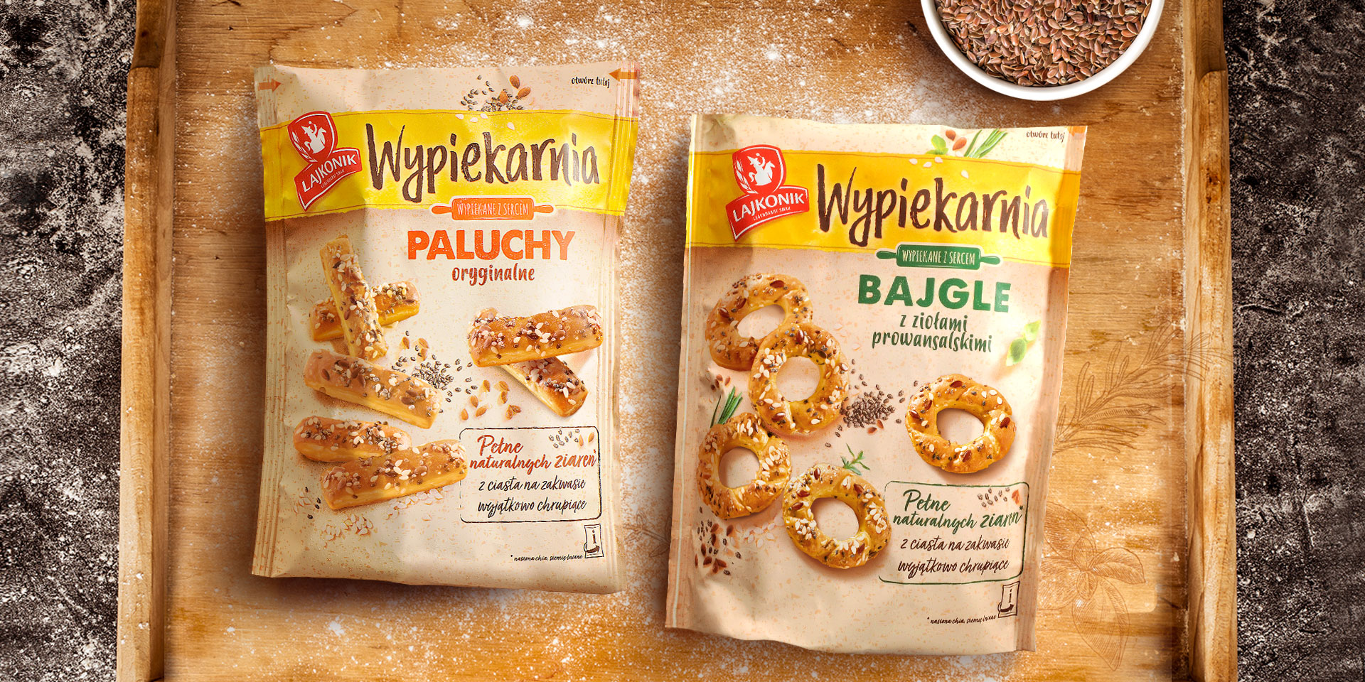Salty snacks packaging design for Lajkonik Wypiekarnia - breadsticks and bagels.