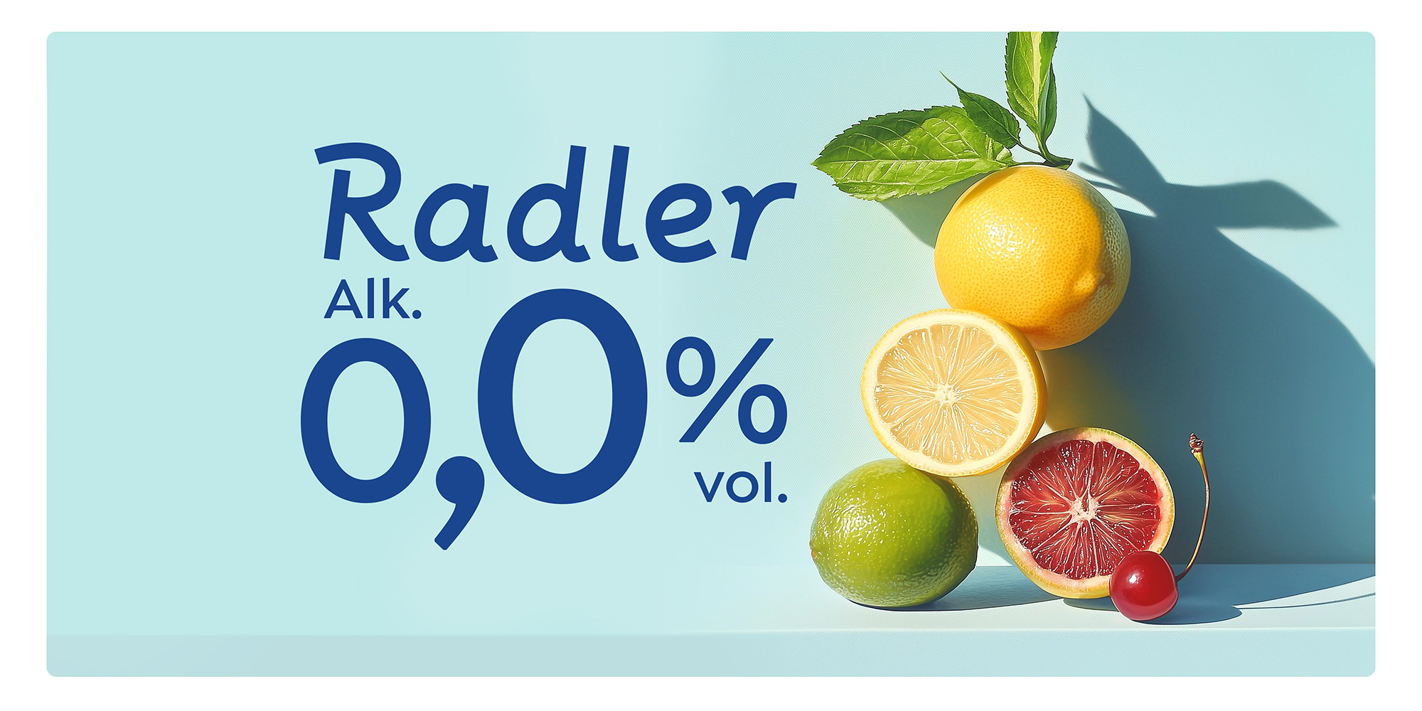 Łomża redesign owocowych radlerów - wizualizacja napisu Radler 0,0% Alk i w tle owoce