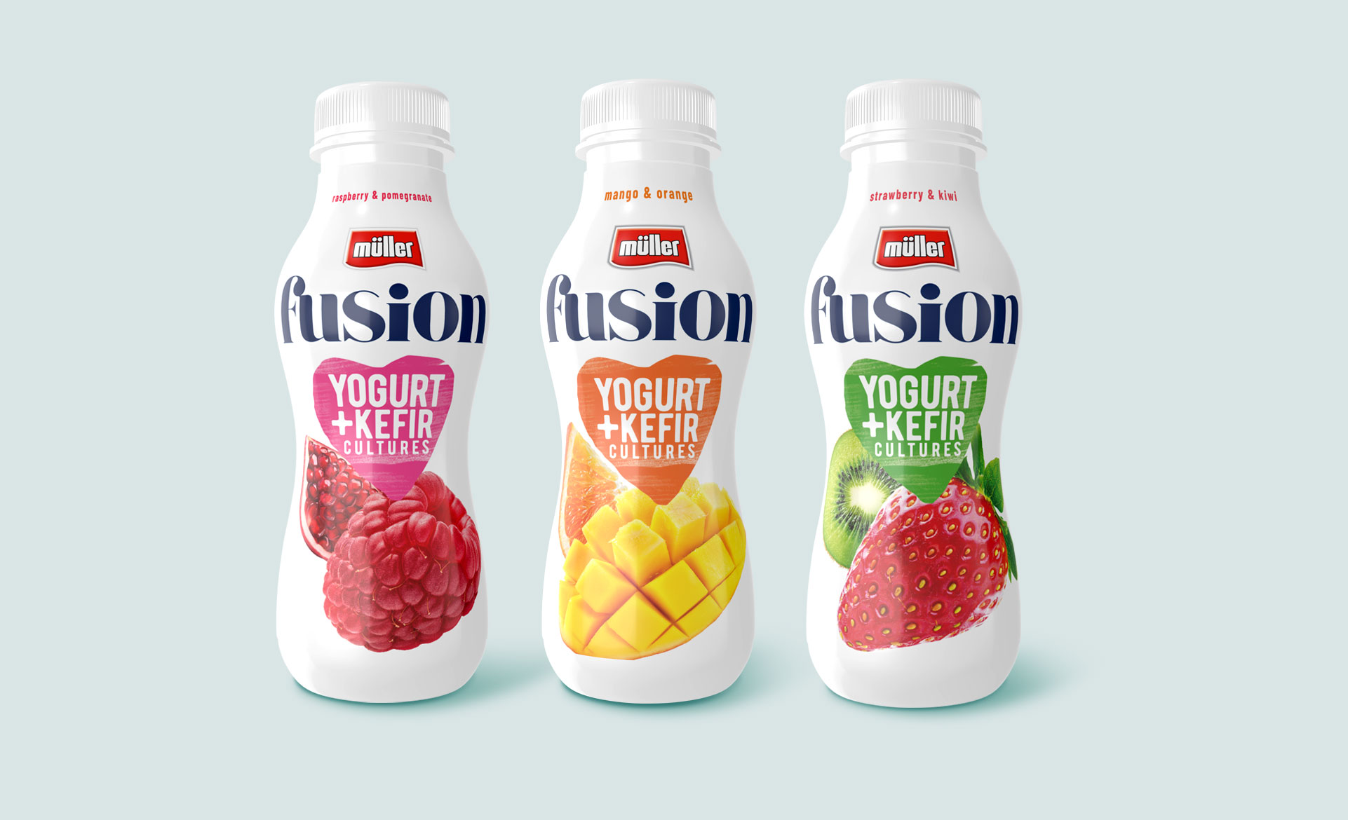 Muller Fusion, owocowe jogurty do picia - muller Fusion - design opakowań trzech smaków