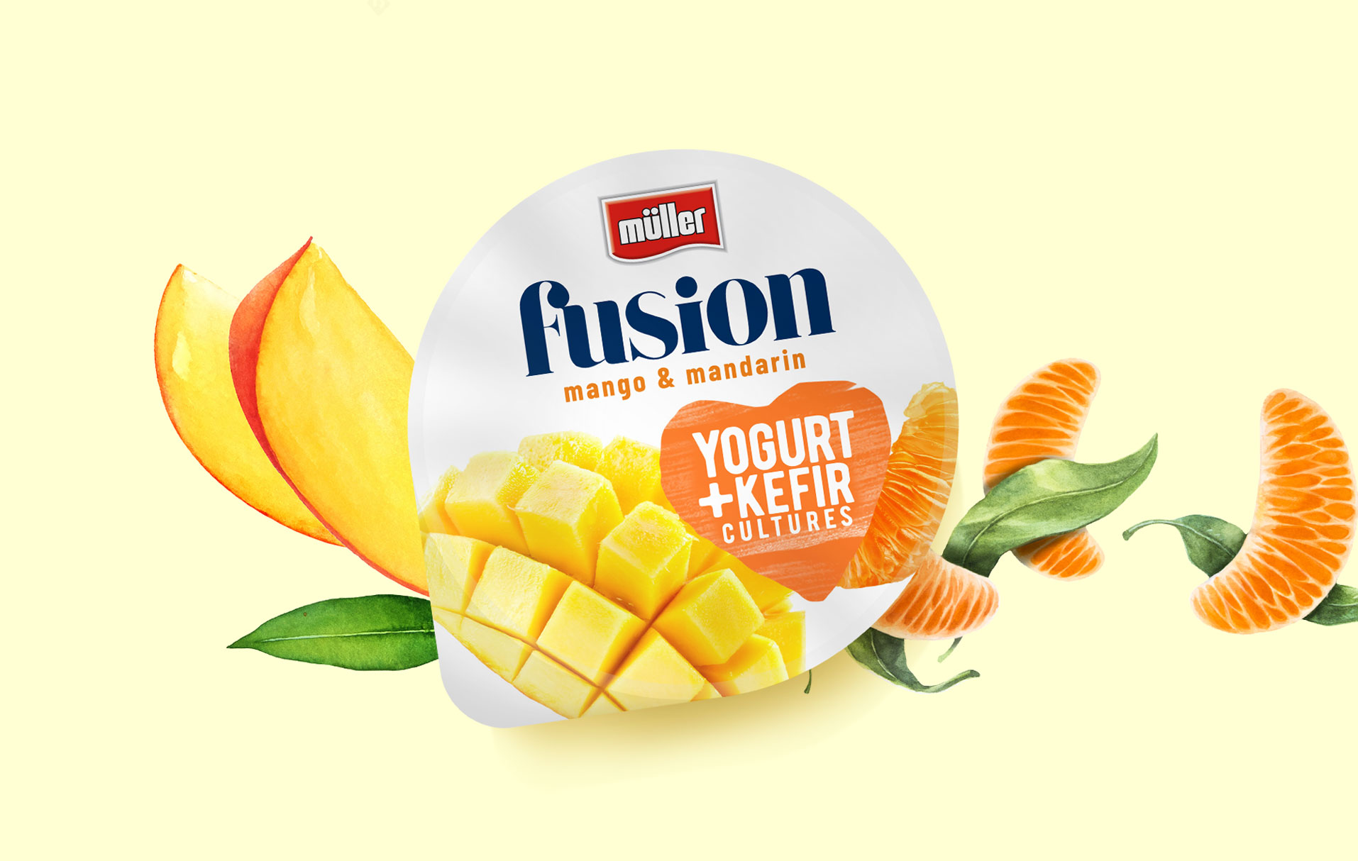 Muller Fusion - design opakowania jogurtu mango mandarynka