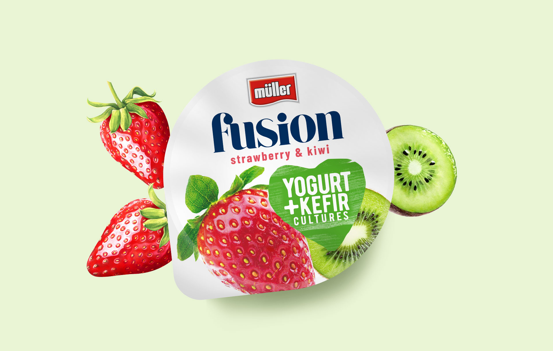 Muller Fusion - design opakowania jogurtu truskawka kiwi