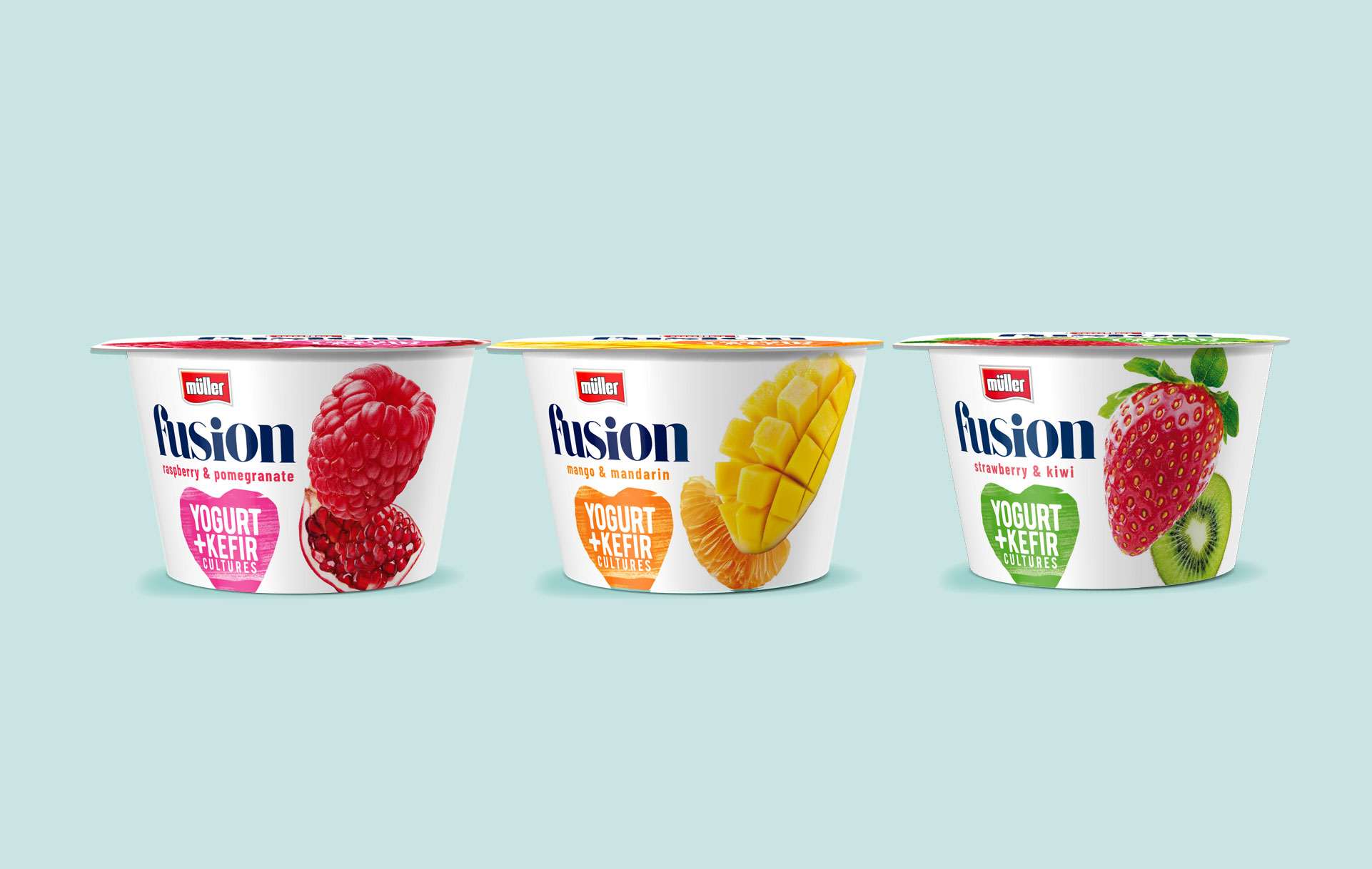Muller Fusion - design opakowań trzech smaków jogurtu z kefirem
