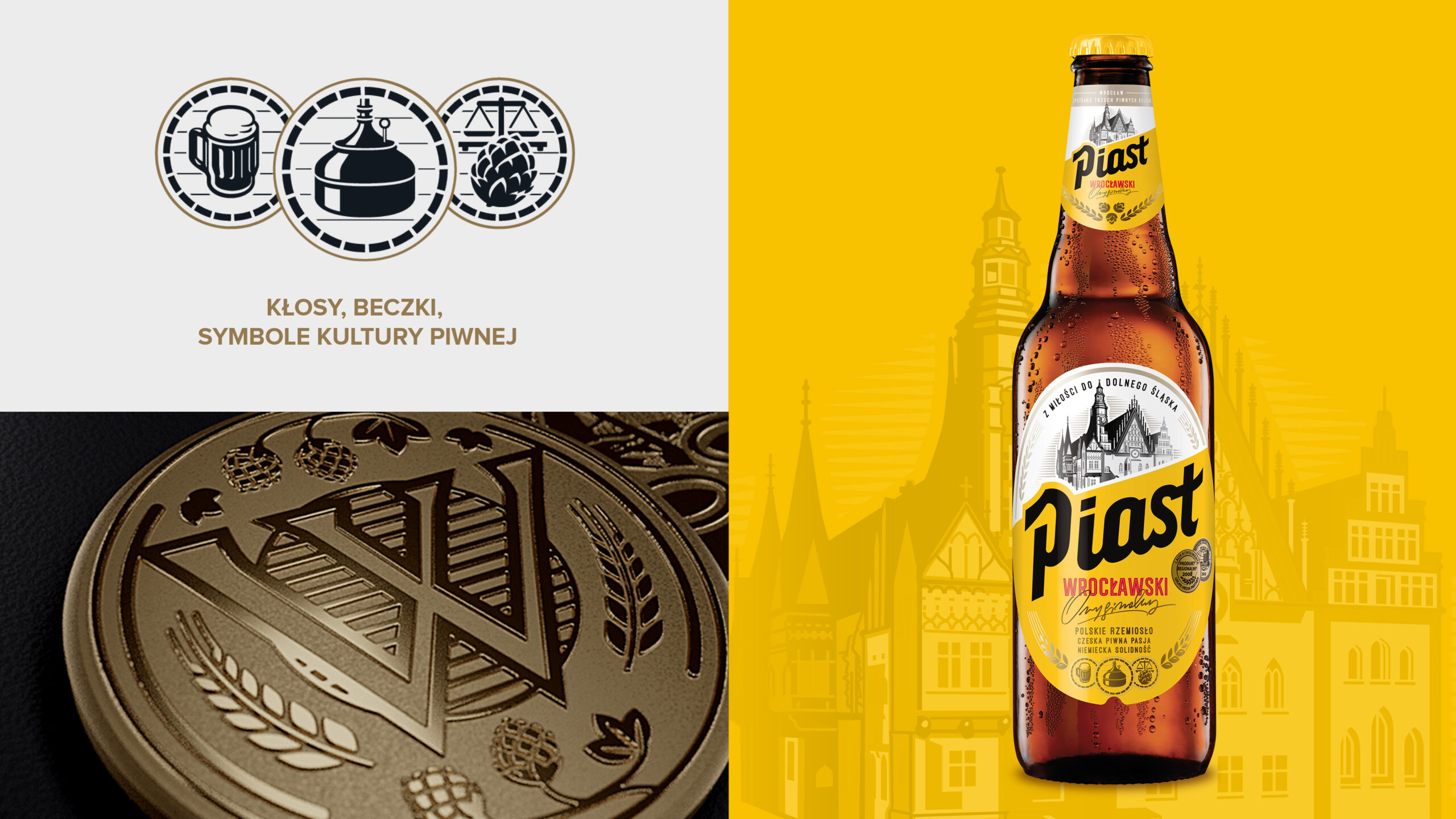 Piwo Piast w nowym brandingu, ikony i butelka. Wizualizacja piwa Piast.