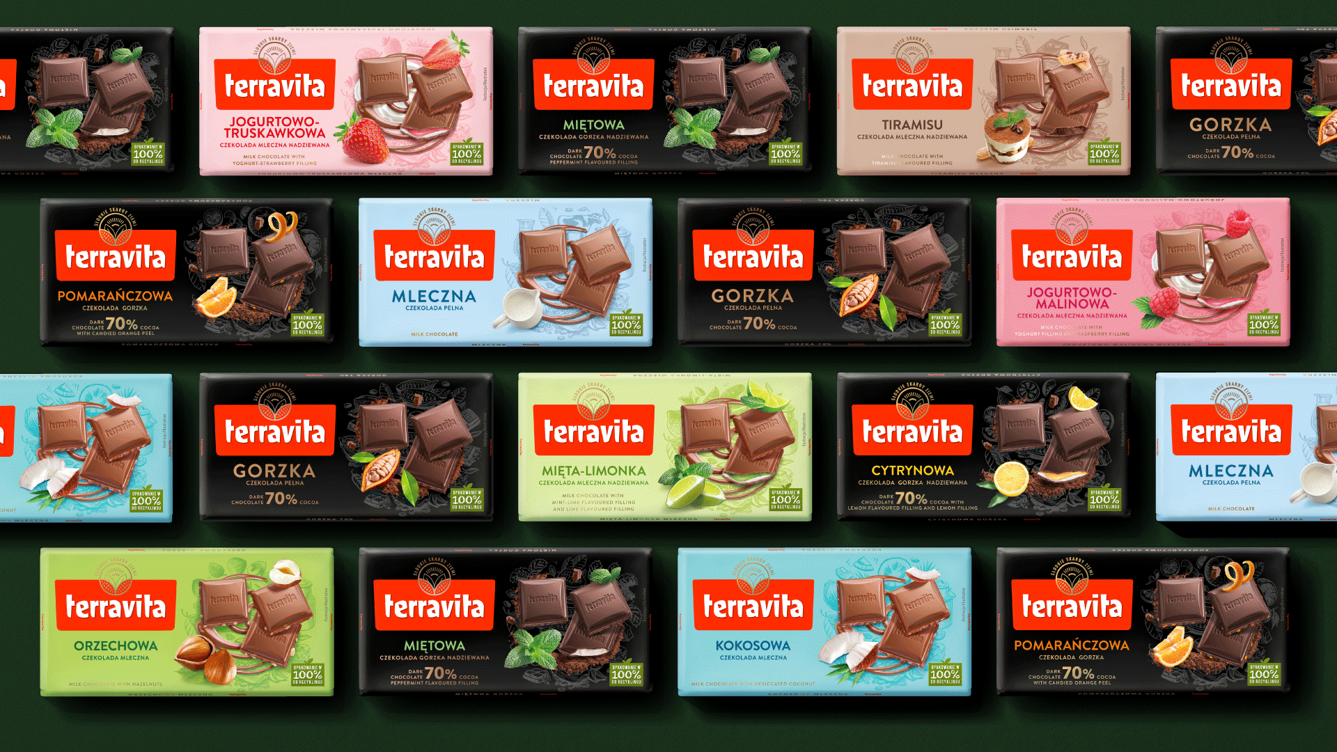 Terravita nowe opakowania - zestawienie wszystkich czekolad.