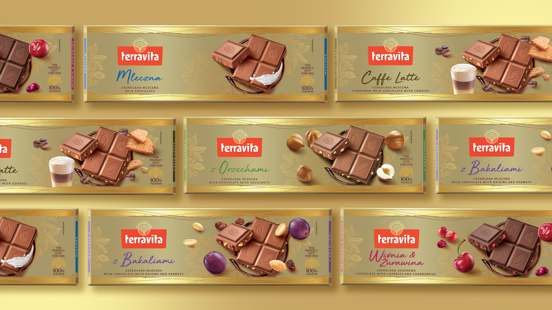 Terravita nowe opakowania - zestawienie wszystkich czekolad dużych.