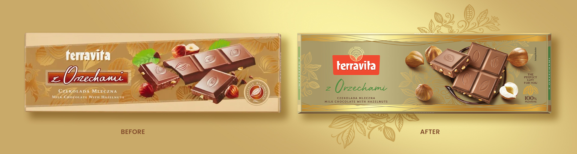 Terravita przed i po - stare i nowe opakowanie czekolady dużej.