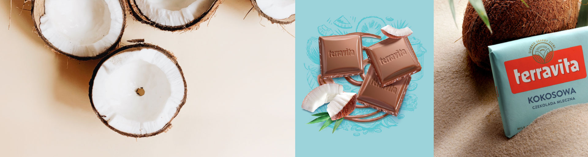 Czekolada Terravita kokosowa - zestawienie elementów budujących świat marki: zdjęcie kokosa, ilustracja kostek czekolady w nowym ułożeniu, zdjęcie nowego opakowania z fokusem na nowy logotyp.