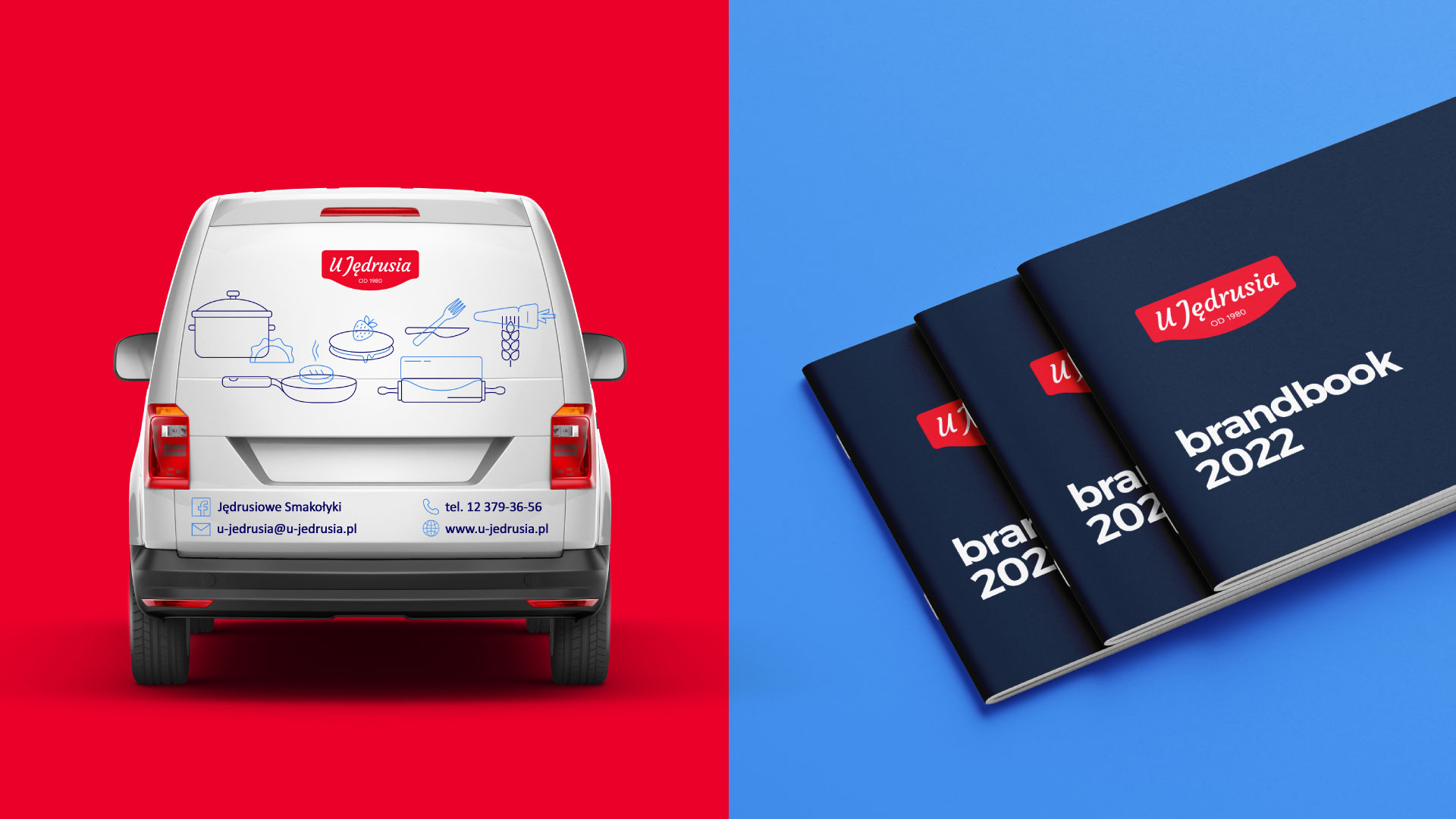 Branding U Jędrusia - visual identification of the company: a car with a logotype and company albums with a new logo
