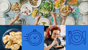 U Jędrusia nowy branding - pierogi, ikona talerza i zegar, fotografia potraw na talerzach