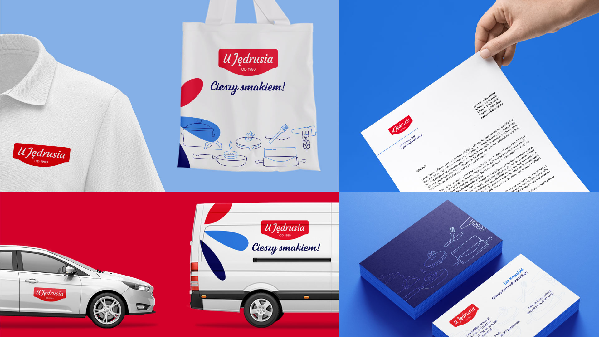 Branding U Jędrusia - identyfikacja wizualna firmy: samochód, wizytówki, papier firmowy, torba