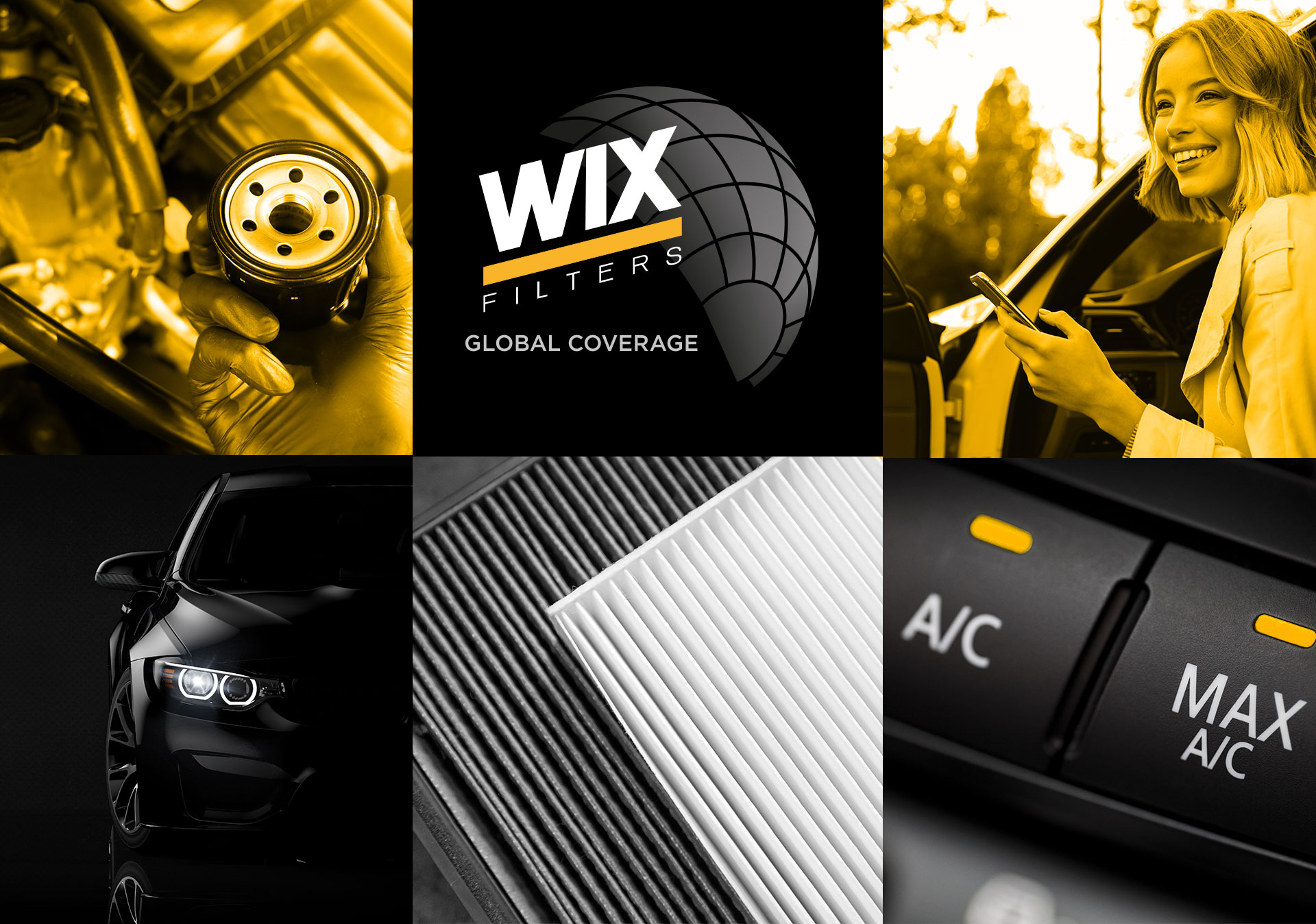 Logo filtrów kabinowych Wix, zdjęcie filtra, sylwetka samochodu, części samochodu, uśmiechnięta kobieta wysiadajaca z samochodu