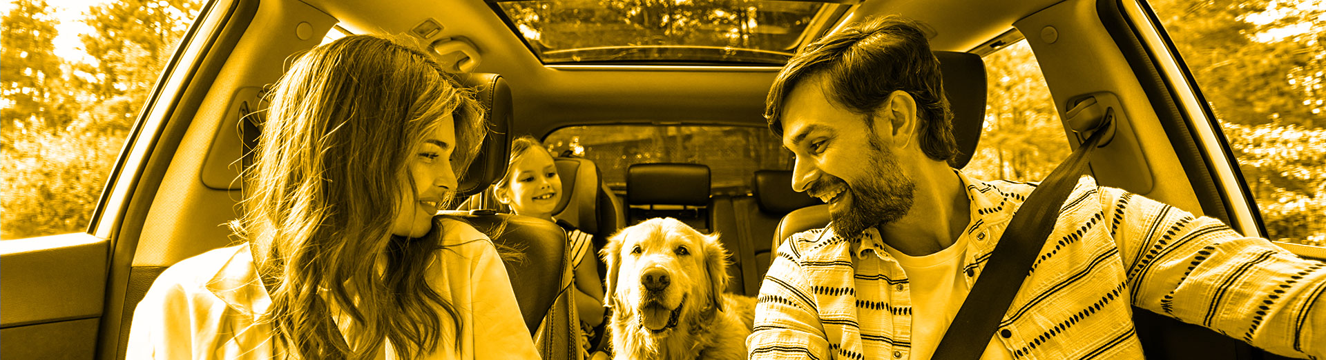 Rodzina w podróży, w samochodzie, z psem.