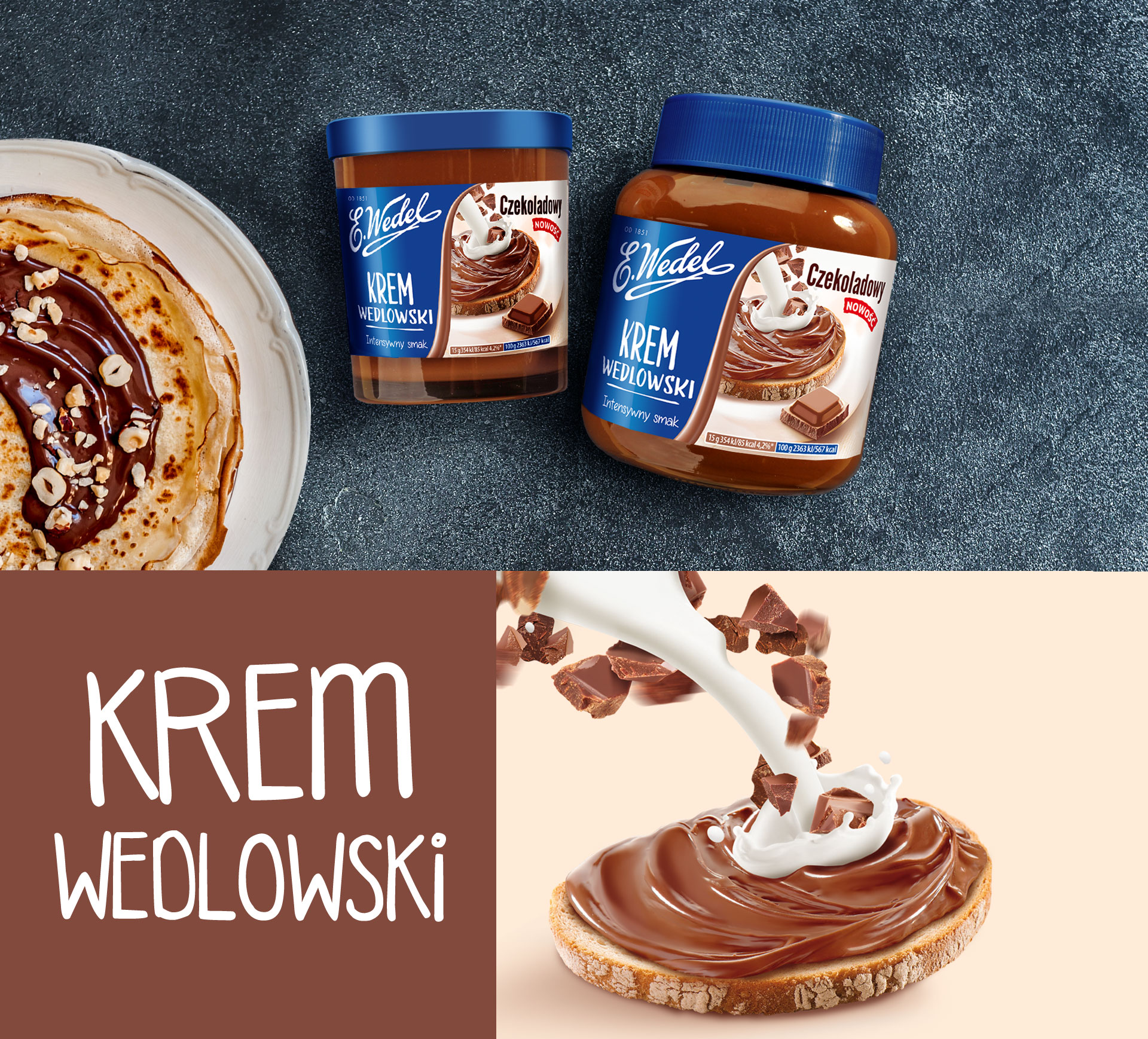 Design opakowań Krem Wedlowski i świat marki - kremowa czekoladowość na kanapce.
