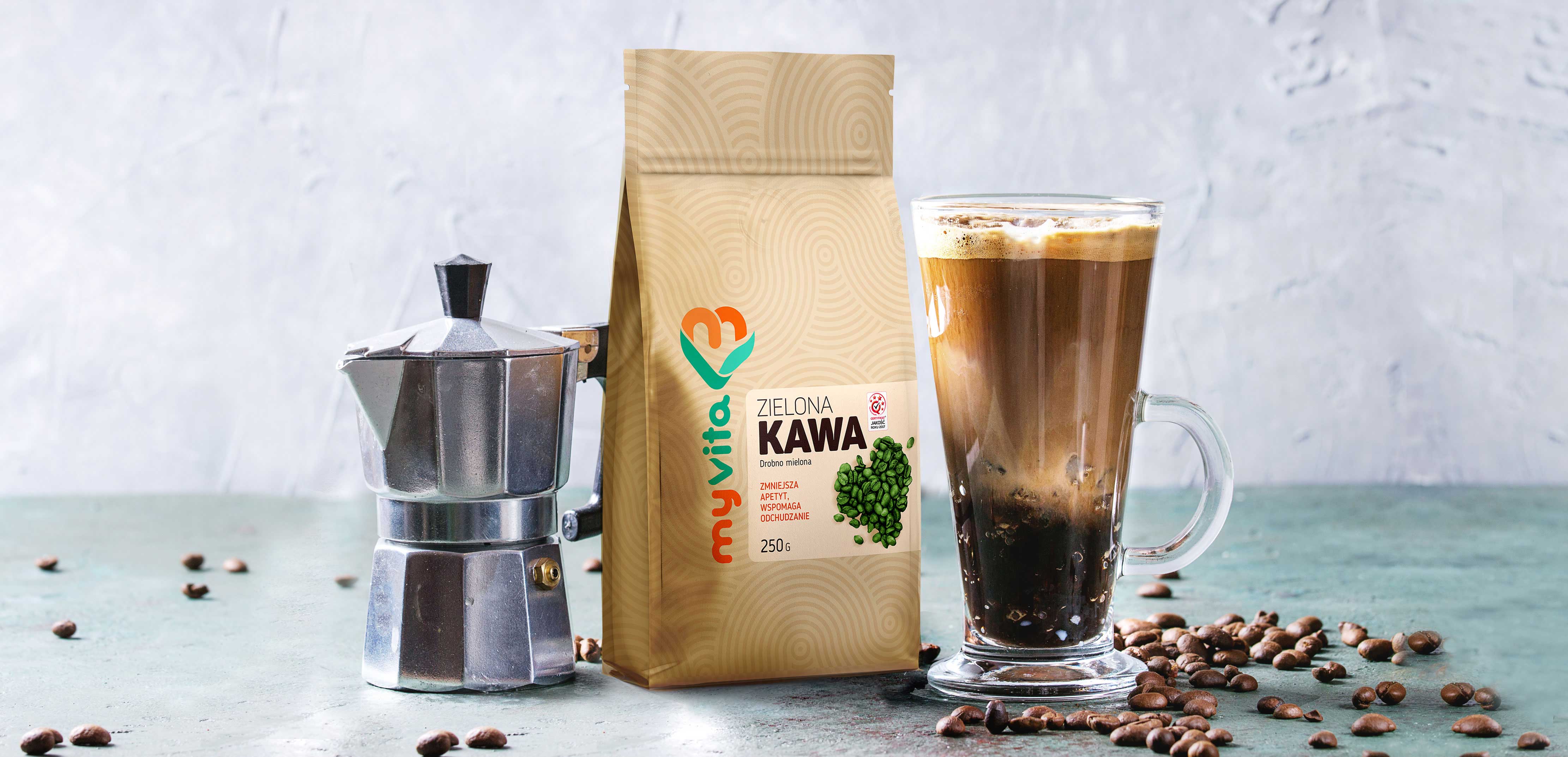Rebranding marki MyVita - nowy packaging design zielonej kawy.