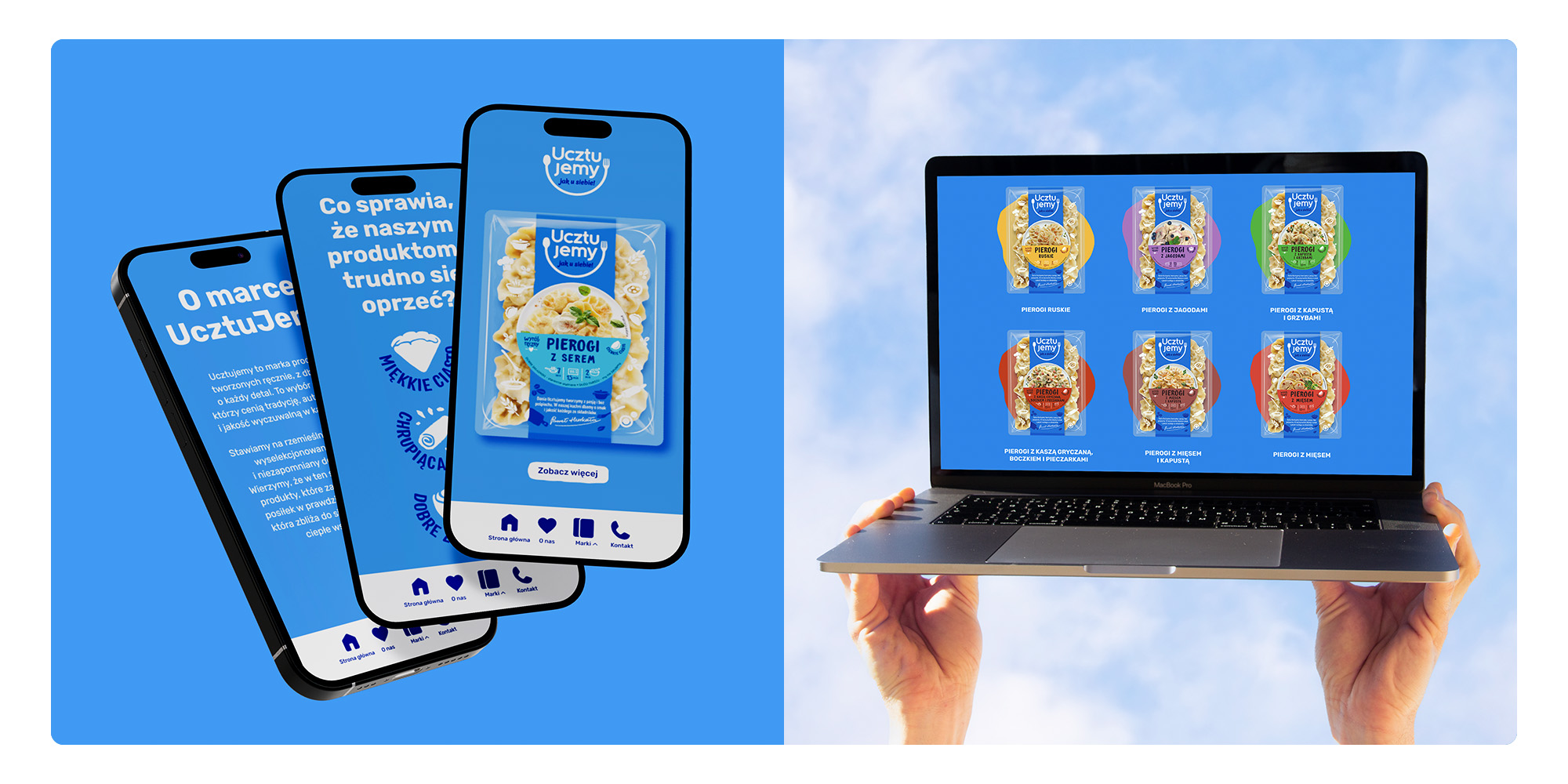 Strona internetowa nowej marki Ucztujemy - po lewo telefon, po prawo laptop